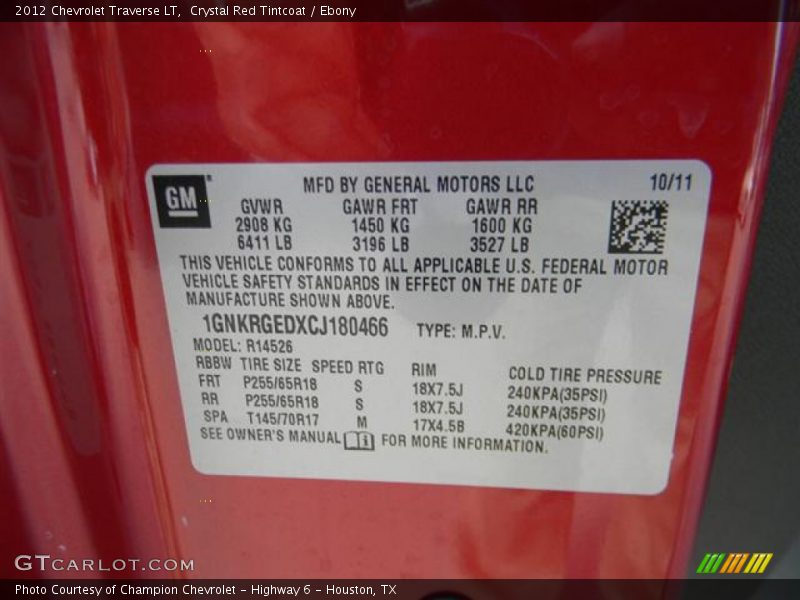 Crystal Red Tintcoat / Ebony 2012 Chevrolet Traverse LT