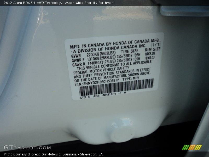 2012 MDX SH-AWD Technology Aspen White Pearl II Color Code NH814PV