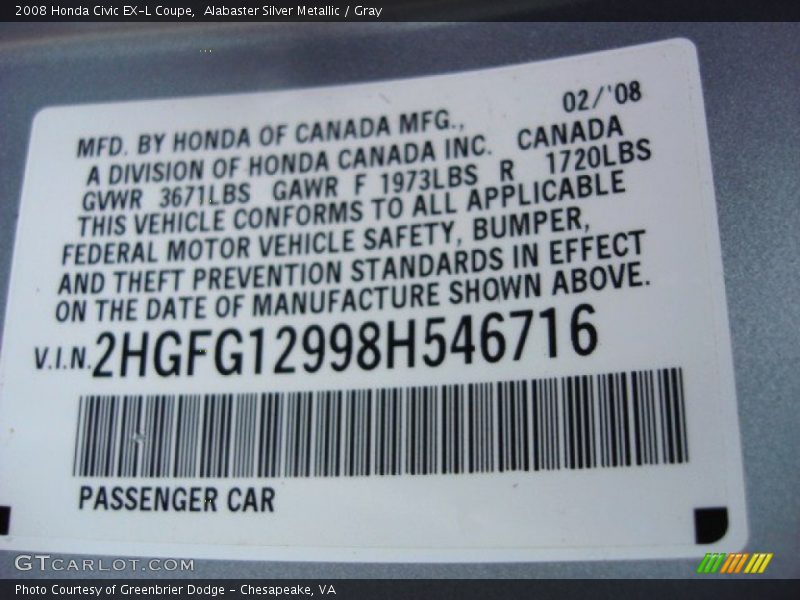 Alabaster Silver Metallic / Gray 2008 Honda Civic EX-L Coupe