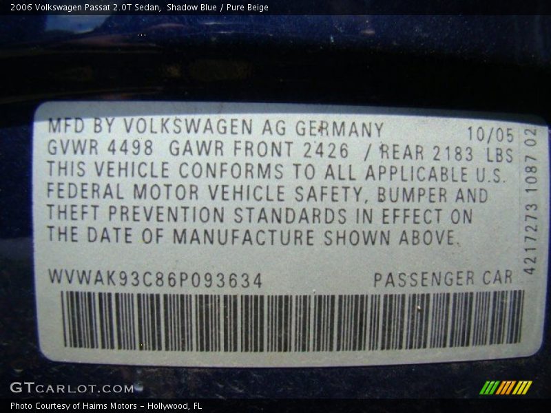 Shadow Blue / Pure Beige 2006 Volkswagen Passat 2.0T Sedan
