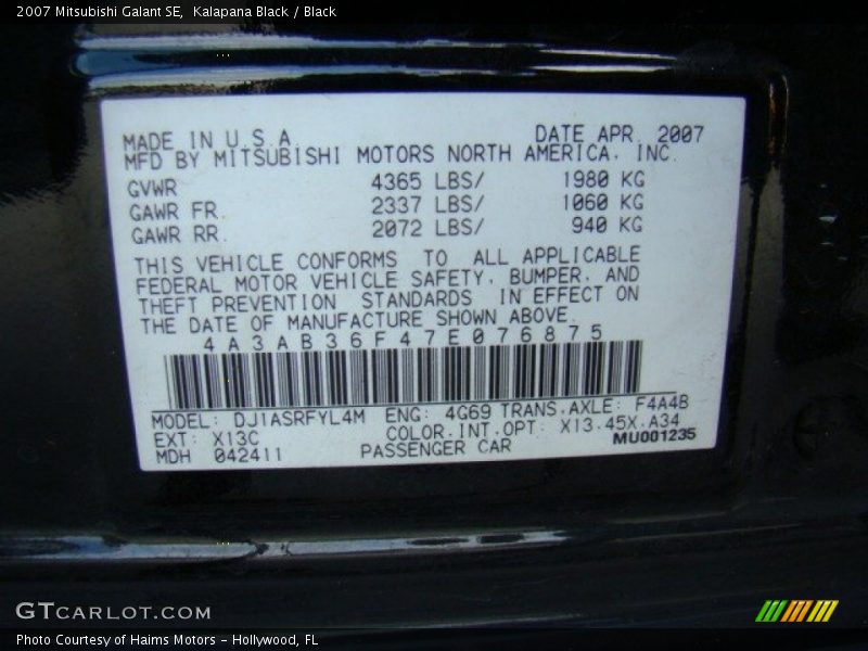 Kalapana Black / Black 2007 Mitsubishi Galant SE