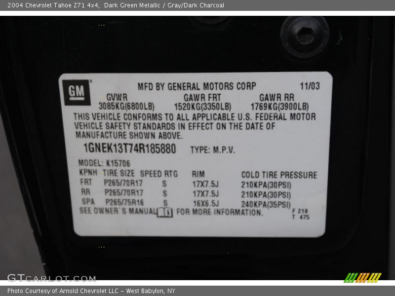 Dark Green Metallic / Gray/Dark Charcoal 2004 Chevrolet Tahoe Z71 4x4
