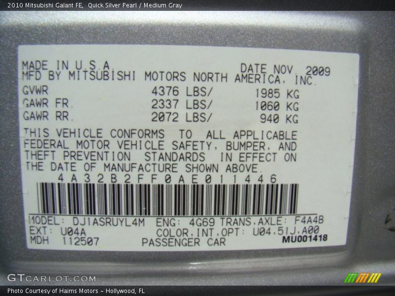 Quick Silver Pearl / Medium Gray 2010 Mitsubishi Galant FE