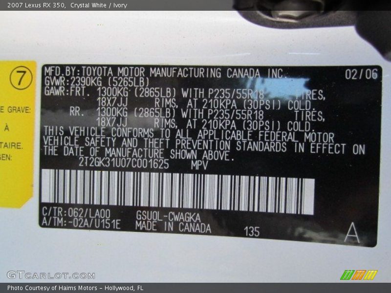 Crystal White / Ivory 2007 Lexus RX 350