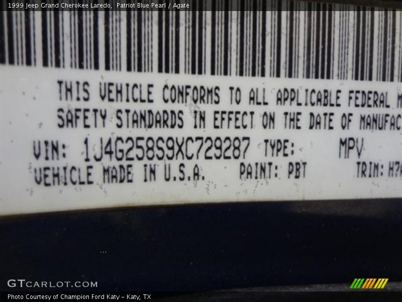 1999 Grand Cherokee Laredo Patriot Blue Pearl Color Code PBT