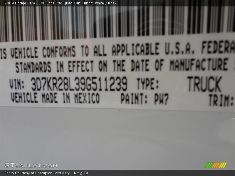2009 Ram 2500 Lone Star Quad Cab Bright White Color Code PW7