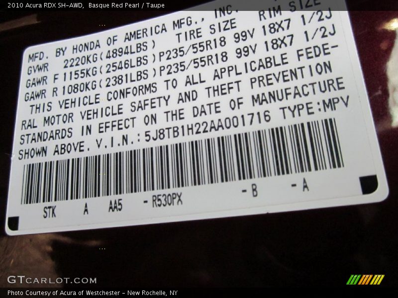 2010 RDX SH-AWD Basque Red Pearl Color Code R530