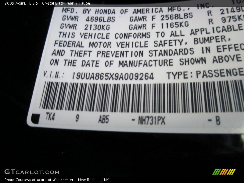 Crystal Black Pearl / Taupe 2009 Acura TL 3.5