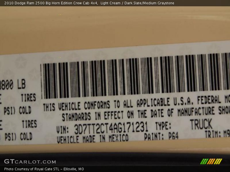 2010 Ram 2500 Big Horn Edition Crew Cab 4x4 Light Cream Color Code P64