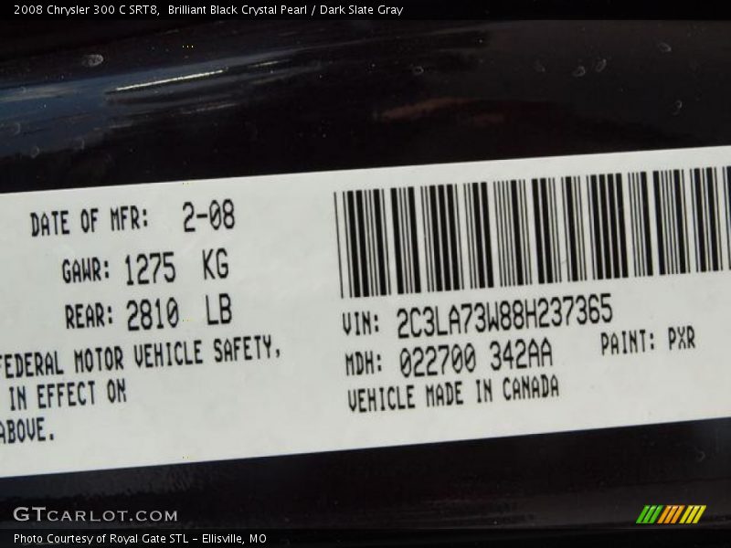 2008 300 C SRT8 Brilliant Black Crystal Pearl Color Code PXR