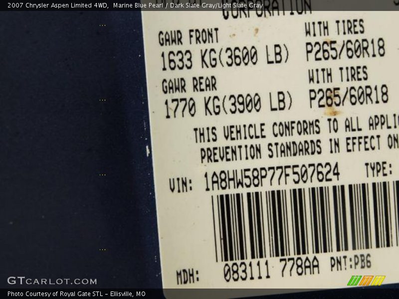 2007 Aspen Limited 4WD Marine Blue Pearl Color Code PB6