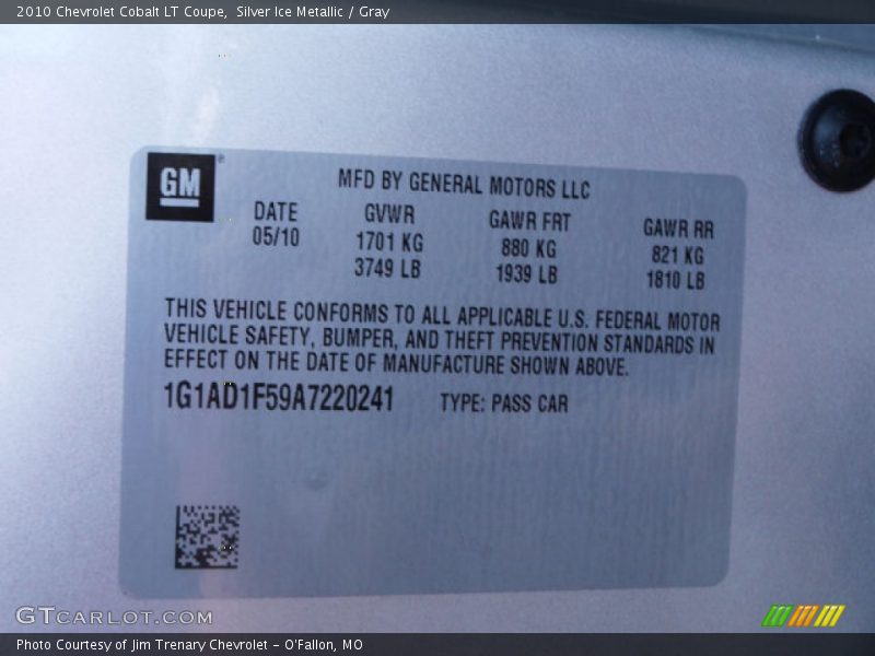 Silver Ice Metallic / Gray 2010 Chevrolet Cobalt LT Coupe