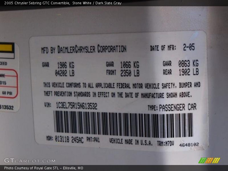 Stone White / Dark Slate Gray 2005 Chrysler Sebring GTC Convertible
