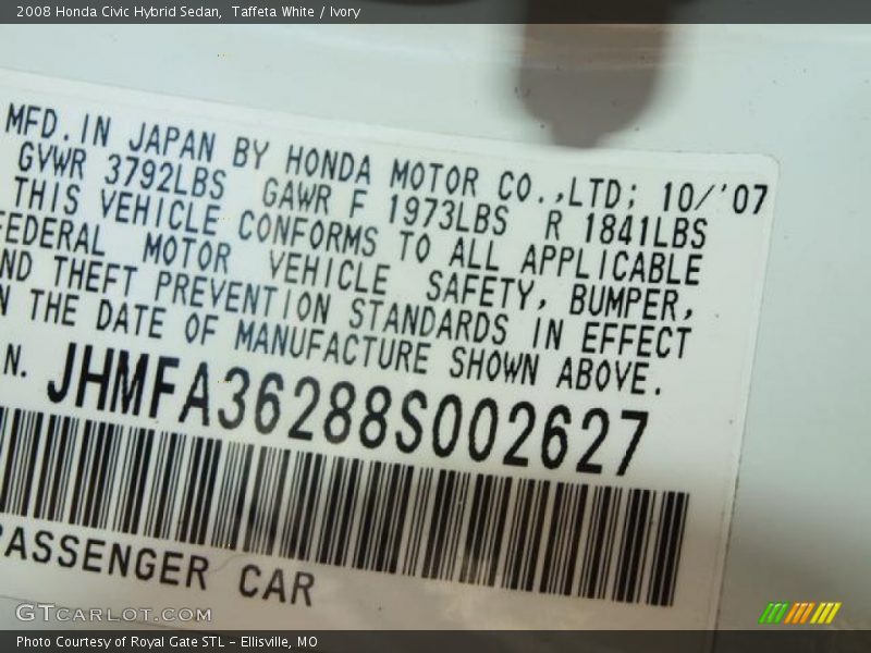 Taffeta White / Ivory 2008 Honda Civic Hybrid Sedan