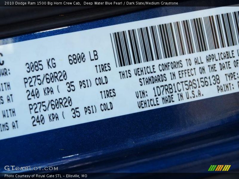Deep Water Blue Pearl / Dark Slate/Medium Graystone 2010 Dodge Ram 1500 Big Horn Crew Cab