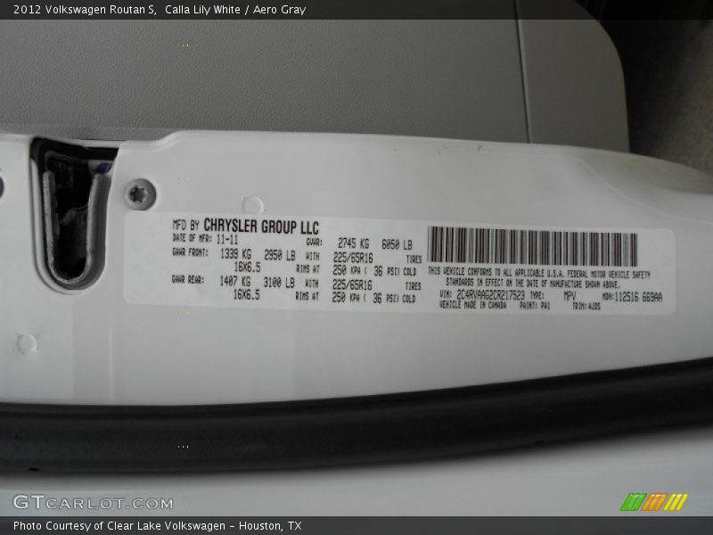 2012 Routan S Calla Lily White Color Code PW1