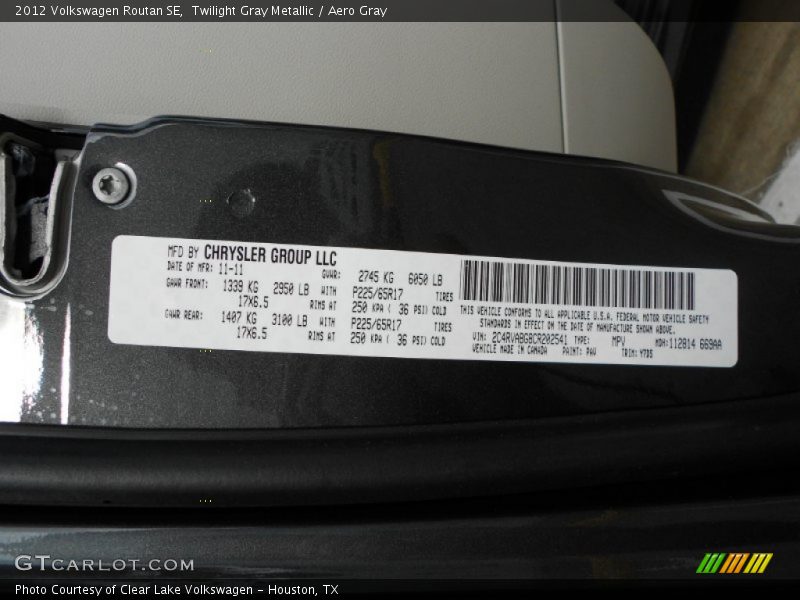 2012 Routan SE Twilight Gray Metallic Color Code PAV