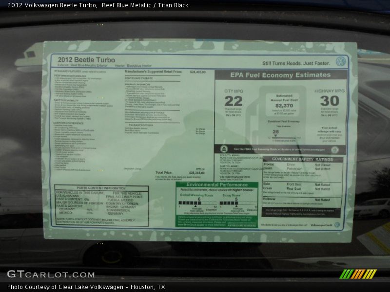  2012 Beetle Turbo Window Sticker