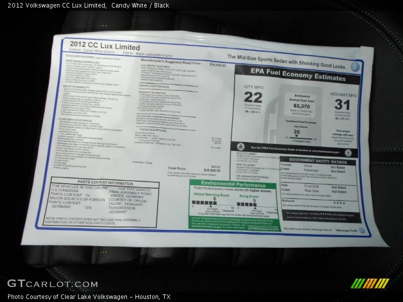 Candy White / Black 2012 Volkswagen CC Lux Limited
