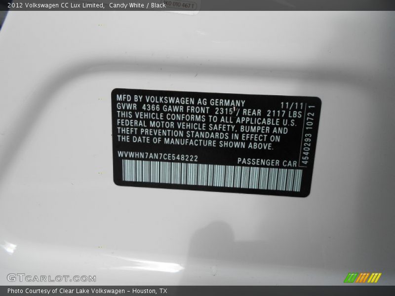 Candy White / Black 2012 Volkswagen CC Lux Limited