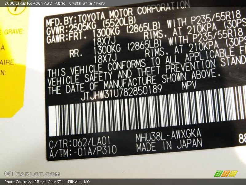 2008 RX 400h AWD Hybrid Crystal White Color Code 062