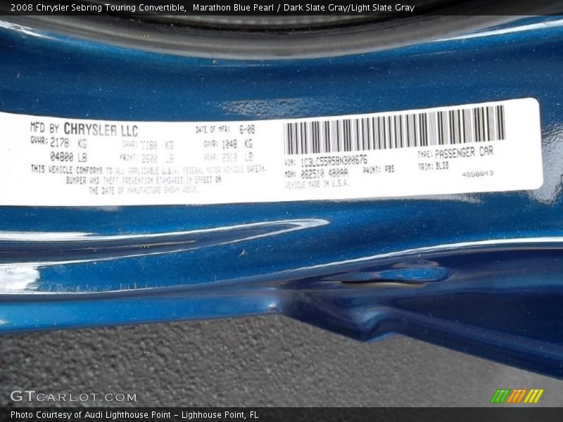 Marathon Blue Pearl / Dark Slate Gray/Light Slate Gray 2008 Chrysler Sebring Touring Convertible