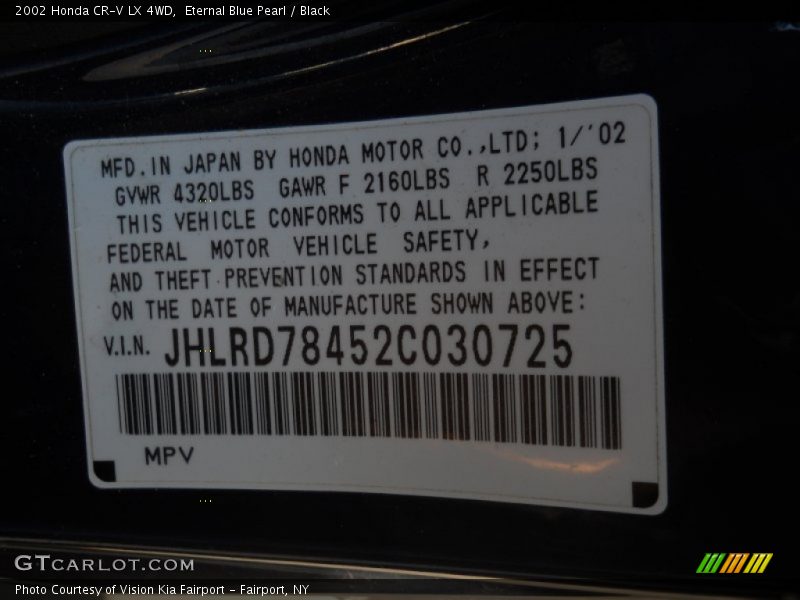 Eternal Blue Pearl / Black 2002 Honda CR-V LX 4WD
