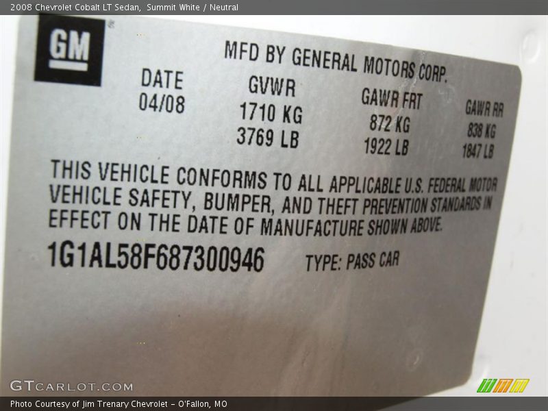 Summit White / Neutral 2008 Chevrolet Cobalt LT Sedan