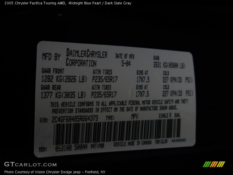 Midnight Blue Pearl / Dark Slate Gray 2005 Chrysler Pacifica Touring AWD