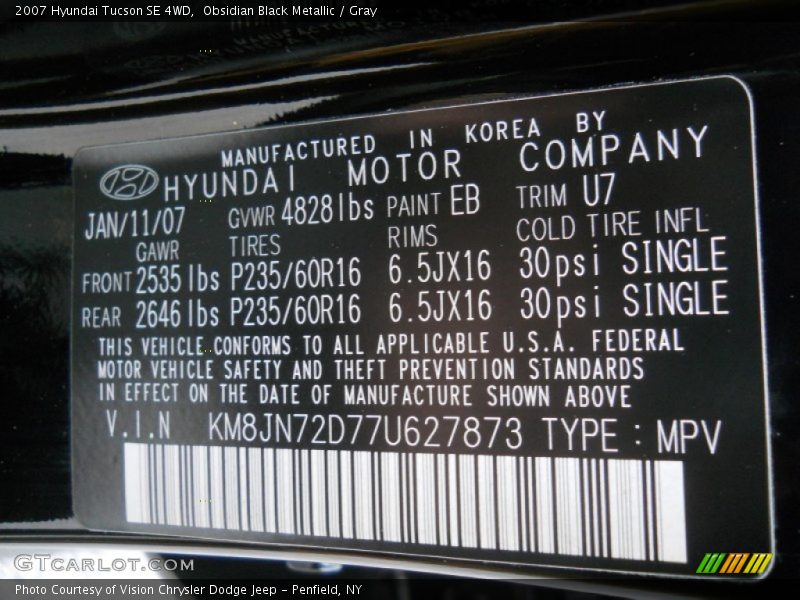 Obsidian Black Metallic / Gray 2007 Hyundai Tucson SE 4WD