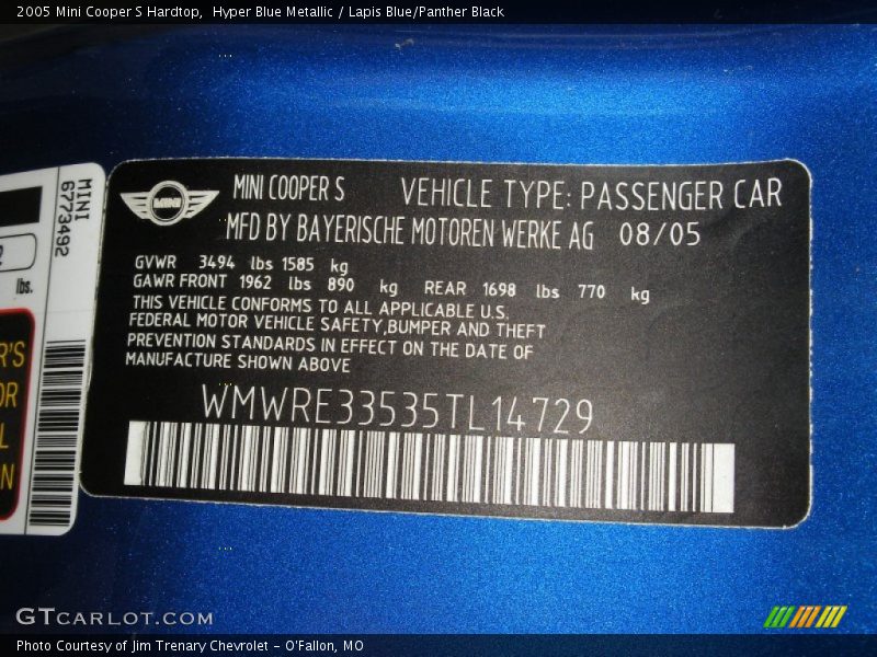 Hyper Blue Metallic / Lapis Blue/Panther Black 2005 Mini Cooper S Hardtop