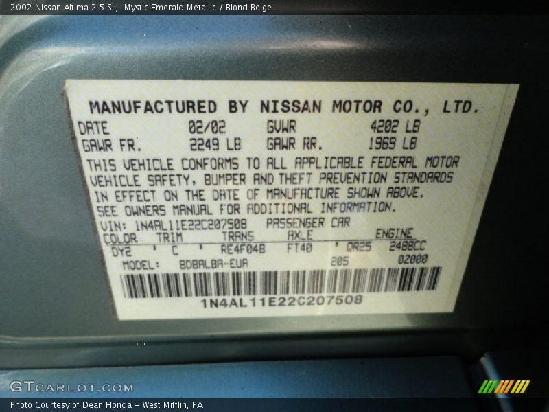 Mystic Emerald Metallic / Blond Beige 2002 Nissan Altima 2.5 SL