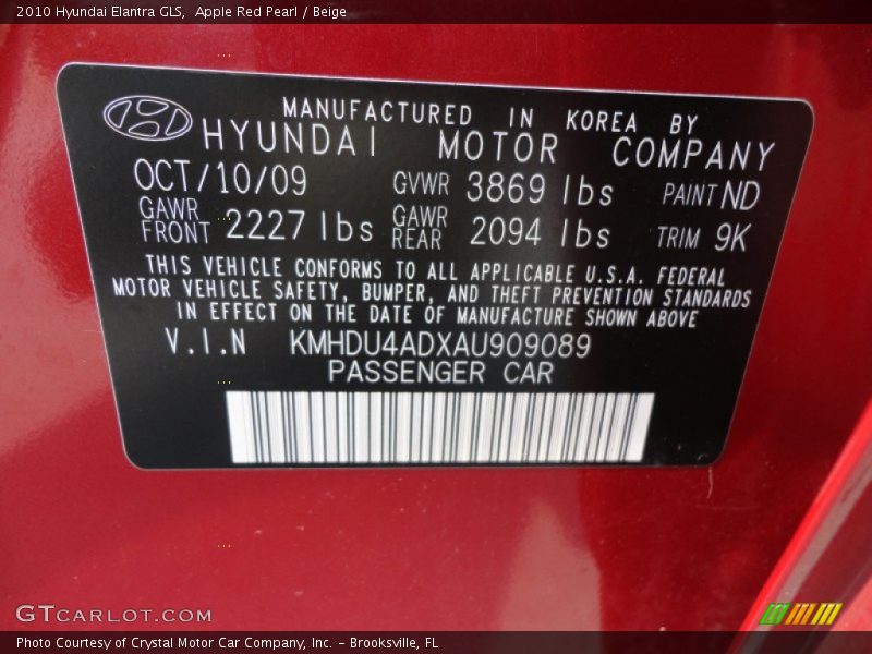 Apple Red Pearl / Beige 2010 Hyundai Elantra GLS