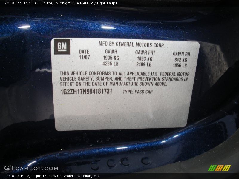 Midnight Blue Metallic / Light Taupe 2008 Pontiac G6 GT Coupe