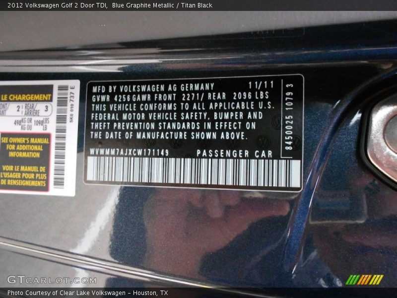 Blue Graphite Metallic / Titan Black 2012 Volkswagen Golf 2 Door TDI