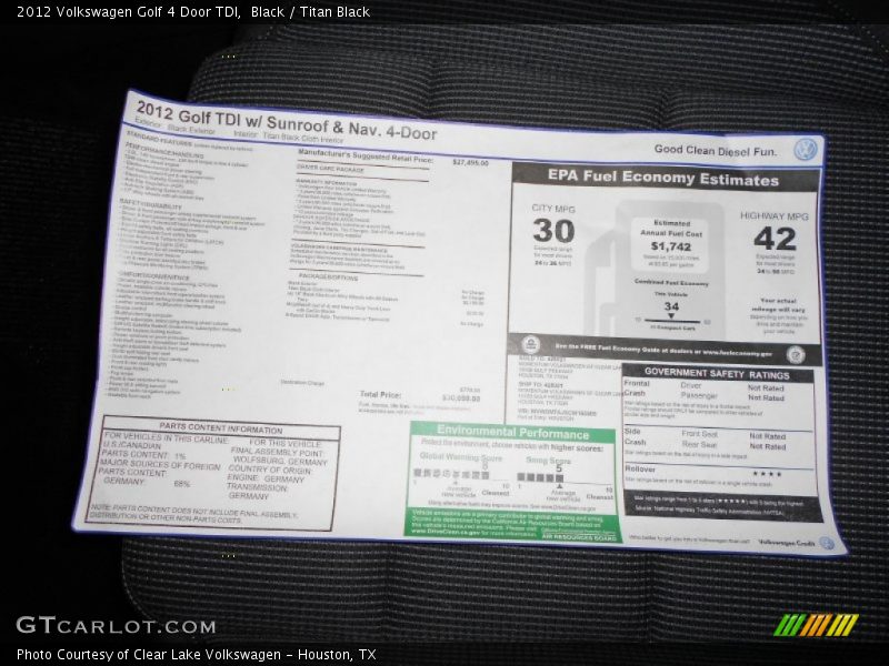  2012 Golf 4 Door TDI Window Sticker