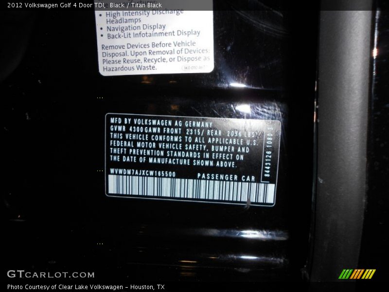 Black / Titan Black 2012 Volkswagen Golf 4 Door TDI