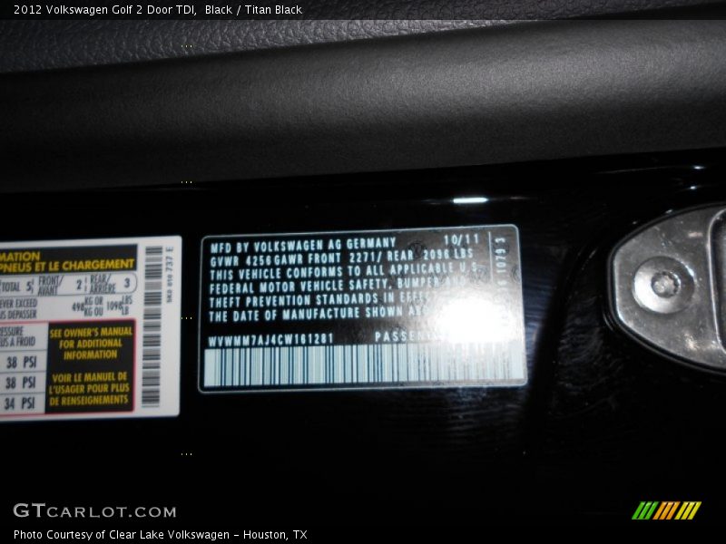 Black / Titan Black 2012 Volkswagen Golf 2 Door TDI