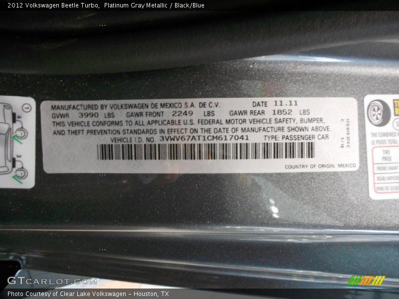Platinum Gray Metallic / Black/Blue 2012 Volkswagen Beetle Turbo