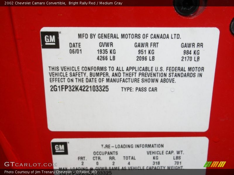Info Tag of 2002 Camaro Convertible