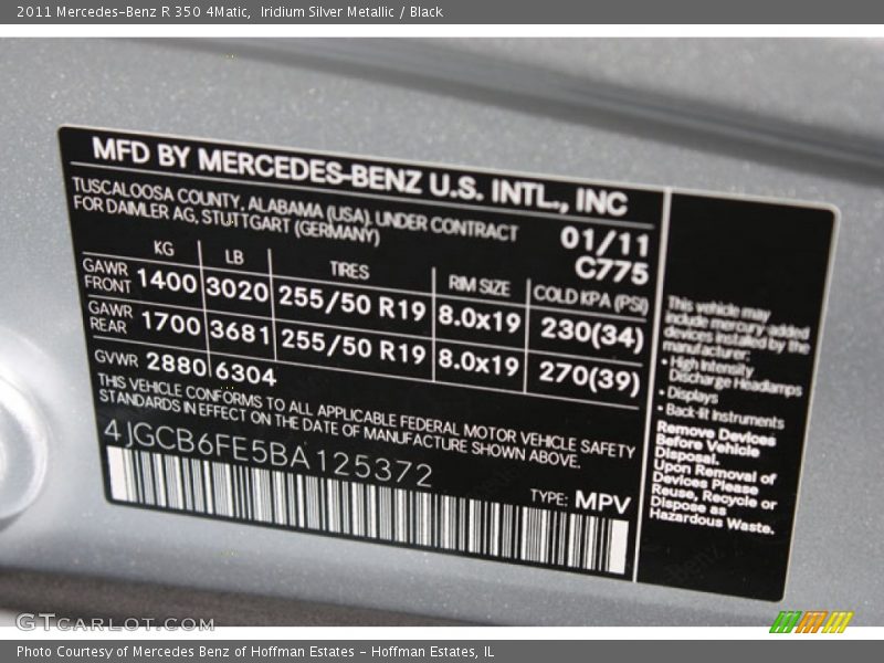 Iridium Silver Metallic / Black 2011 Mercedes-Benz R 350 4Matic