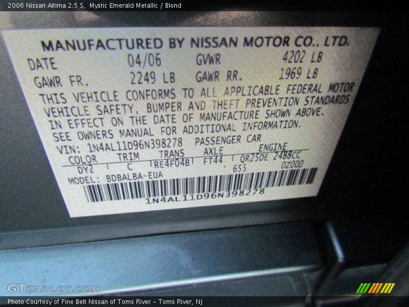 Mystic Emerald Metallic / Blond 2006 Nissan Altima 2.5 S