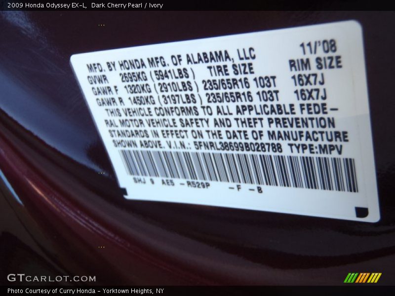Dark Cherry Pearl / Ivory 2009 Honda Odyssey EX-L