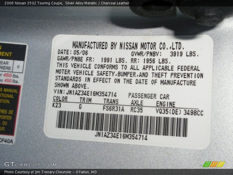 2006 350Z Touring Coupe Silver Alloy Metallic Color Code K23