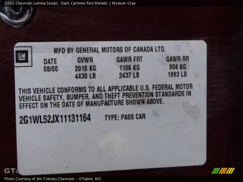 Dark Carmine Red Metallic / Medium Gray 2001 Chevrolet Lumina Sedan