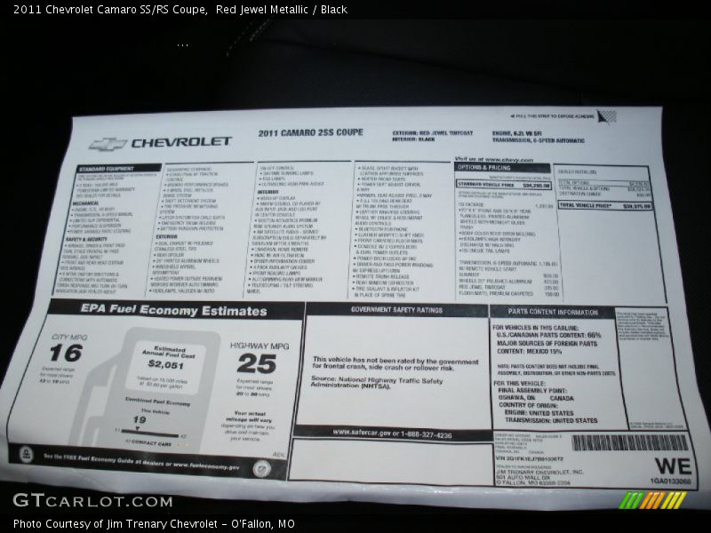  2011 Camaro SS/RS Coupe Window Sticker