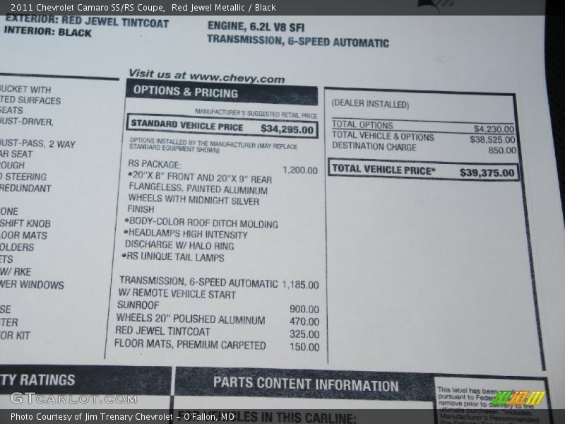  2011 Camaro SS/RS Coupe Window Sticker