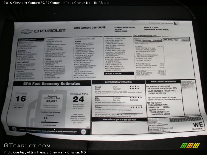  2010 Camaro SS/RS Coupe Window Sticker