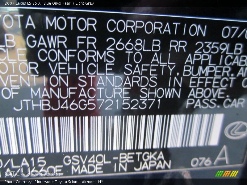 Blue Onyx Pearl / Light Gray 2007 Lexus ES 350