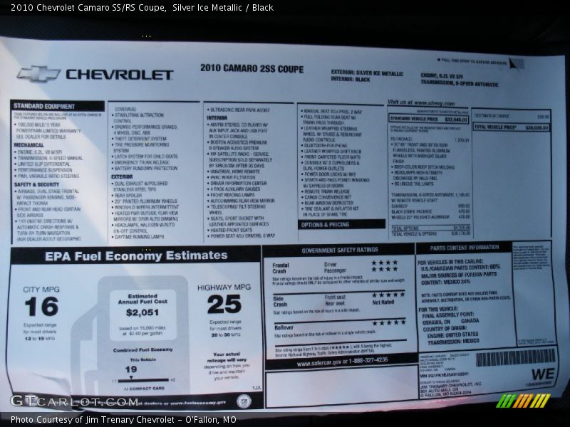  2010 Camaro SS/RS Coupe Window Sticker